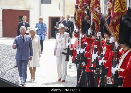 20150617 - WATERLOO, BELGIUM: Britain's Prince Charles, Prince of Wales and Camilla, Duchess of Cornwall pictured during the inauguration of the 'Ferme d'Hougoumont' (The Hougoumont farm - De boerderij van Hougoumont) memorial site, a part of the commemorations of the bicentenary of the Battle of Waterloo, Wednesday 17 June 2015 in Waterloo. The Farm was one of the key locations during the 'Bataille de Waterloo' on June 18th 1815, of which the 200th anniversary is celebrated this year. Some 5,000 reenactors, 300 horses and 100 canons will reconstruct the legendary battle in which the Duke of W Stock Photo