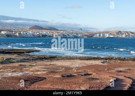 Afternoon views of the beautiful coastal town, with lovely buildings and hotels, and a long promenade connecting all the surf beaches, El Medano Stock Photo