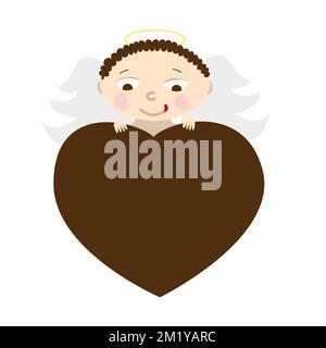 Baby angel holding chocolate candy heart shape. Cartoon character cupid face. Stock Vector