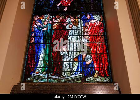 Interior of St Philip's Cathedral, Colmore Row, Birmingham, West Midlands, England - detail of stained glass by Edward Burne-Jones Stock Photo