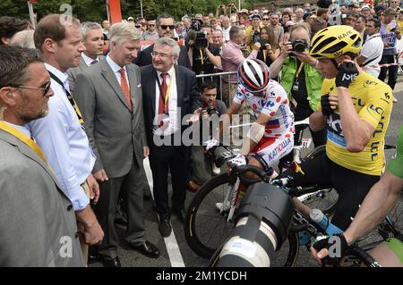 King Philippe - Filip of Belgium (3L), Walloon Minister Sports Rene Collin (C) and British Chris Froome of Team Sky (R) pictured at the start of stage 4 of the 102nd edition of the Tour de France cycling race, 223,5km from Seraing, Belgium, to Cambrai, France, Tuesday 07 July 2015.  