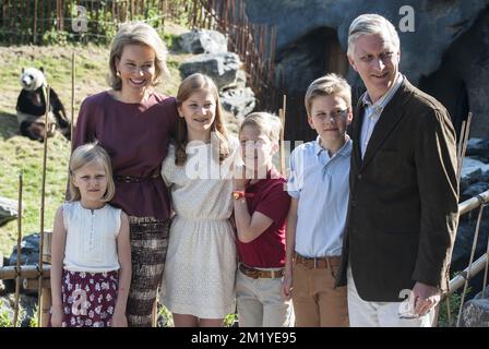 Princess Eleonore, Queen Mathilde of Belgium, Crown Princess Elisabeth, Prince Emmanuel, Prince Gabriel and King Philippe - Filip of Belgium pose for a family portrait during a photoshoot of the Belgian Royal Family's vacation at animal park Pairi Daiza in Cambron-Casteau, Brugelette, Saturday 11 July 2015.  Stock Photo
