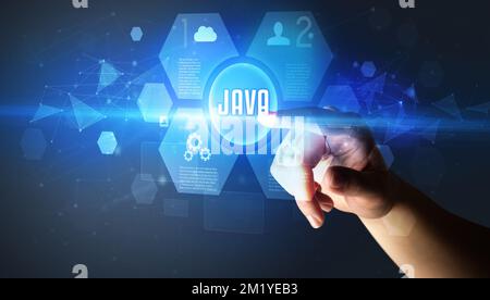 Hand touching digital button concept Stock Photo
