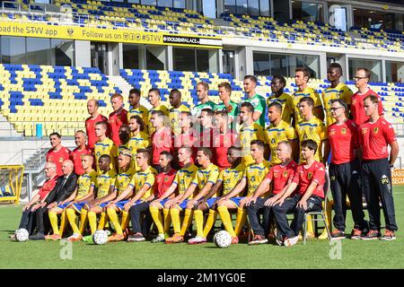 (Top, L-R) STVV's doctor Steven Bex, analyst Will Still, Sascha Kotysch, Yohan Boli,  goalkeeper Yves De Winter, goalkeeper William Dutoit, goalkeeper Emil Velic, Victorien Angban, Alfonso Artabe, doctor Koen Pansaers , (C, L-R), warehouseman Benny Liebens, warehouseman Valere Stevens, Jordan Renson , Mamadou Bagayoko, Alessandro Iandoli, goalkeeper coach Patrick Nys , physical coach Eddie Rob, assistant coach Chris O'Loughlin, team manager Peter Delorge, Ruben Fernandes, Faycal Rherras, Iebe Swers, physiotherapist Arnold Wilmots, physiotherapist Par Vandenborne, (First row, L-R) soigneur Roge Stock Photo