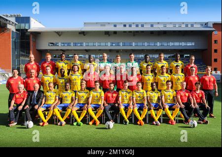 (Top, L-R) STVV's doctor Steven Bex, analyst Will Still, Sascha Kotysch, Yohan Boli,  goalkeeper Yves De Winter, goalkeeper William Dutoit, goalkeeper Emil Velic, Victorien Angban, Alfonso Artabe, doctor Koen Pansaers , (C, L-R), warehouseman Benny Liebens, warehouseman Valere Stevens, Jordan Renson , Mamadou Bagayoko, Alessandro Iandoli, goalkeeper coach Patrick Nys , physical coach Eddie Rob, assistant coach Chris O'Loughlin, team manager Peter Delorge, Ruben Fernandes, Faycal Rherras, Iebe Swers, physiotherapist Arnold Wilmots, physiotherapist Par Vandenborne, (First row, L-R) soigneur Roge Stock Photo