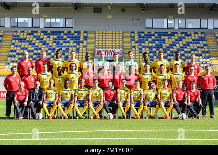 (Top, L-R) STVV's doctor Steven Bex, analyst Will Still, Sascha Kotysch, Yohan Boli,  goalkeeper Yves De Winter, goalkeeper William Dutoit, goalkeeper Emil Velic, Victorien Angban, Alfonso Artabe, doctor Koen Pansaers , (C, L-R), warehouseman Benny Liebens, warehouseman Valere Stevens, Jordan Renson , Mamadou Bagayoko, Alessandro Iandoli, goalkeeper coach Patrick Nys , physical coach Eddie Rob, assistant coach Chris O'Loughlin, team manager Peter Delorge, Ruben Fernandes, Faycal Rherras, Iebe Swers, physiotherapist Arnold Wilmots, physiotherapist Par Vandenborne, (First row, L-R) soigneur Roge Stock Photo