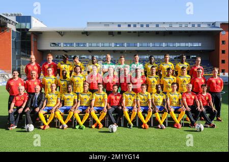 (Top, L-R) STVV's doctor Steven Bex, analyst Will Still, Sascha Kotysch, Yohan Boli,  goalkeeper Yves De Winter, goalkeeper William Dutoit, goalkeeper Emil Velic, Victorien Angban, Alfonso Artabe, doctor Koen Pansaers , (C, L-R), warehouseman Benny Liebens, warehouseman Valere Stevens, Jordan Renson , Mamadou Bagayoko, Alessandro Iandoli, goalkeeper coach Patrick Nys , physical coach Eddie Rob, assistant coach Chris O'Loughlin, team manager Peter Delorge, Ruben Fernandes, Faycal Rherras, Iebe Swers, physiotherapist Arnold Wilmots, physiotherapist Par Vandenborne, (First row, L-R) soigneur Roge Stock Photo