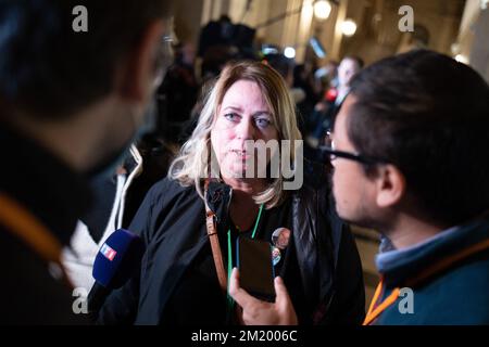 Caroline Villani, who lost a child and was injured during the 2016 attack in Nice, on December 13, 2022 at the Paris courthouse as she leaves after the court ordered prison terms for eight suspects charged in the harrowing 2016 terror attack in Nice, where a suspected Islamist attacker ploughed his truck into a crowd celebrating the July 14 national holiday. Two men were given the most severe sentences of 18 years behind bars for helping Mohamed Lahouaiej-Bouhlel, a 31-year-old Tunisian resident, prepare an attack that killed 86 people and injured over 450 in a four-minute rampage on a seaside Stock Photo