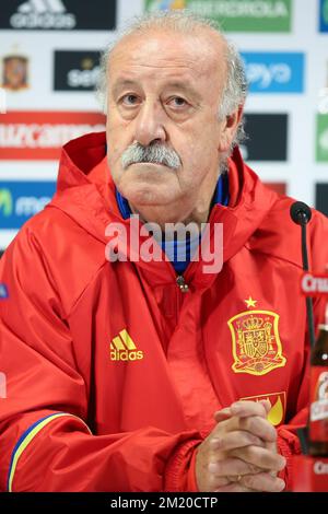 20151116 - BRUSSELS, BELGIUM: Spain's head coach Vicente del Bosque pictured during a press conference of the Spanish national soccer team, Monday 16 November 2015, in Brussels. Tomorrow Spain is playing the Red Devils, the Belgian national soccer team, in preparation of the Euro2016 European Championships. BELGA PHOTO BRUNO FAHY Stock Photo