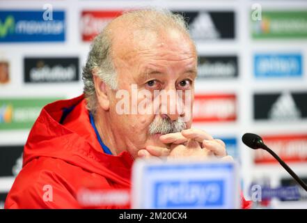 20151116 - BRUSSELS, BELGIUM: Spain's head coach Vicente del Bosque pictured during a press conference of the Spanish national soccer team, Monday 16 November 2015, in Brussels. Tomorrow Spain is playing the Red Devils, the Belgian national soccer team, in preparation of the Euro2016 European Championships. BELGA PHOTO VIRGINIE LEFOUR Stock Photo