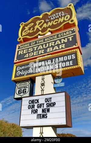 Famous El Rancho Hotel & Motel neon sign along the old Route 66 in Gallup, New Mexico is a historic hotel known for housing movie stars while filming. Stock Photo