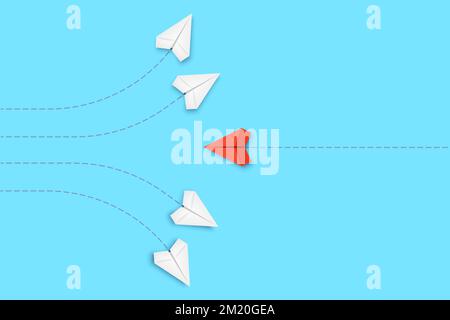 White paper planes flying in one direction. Red plane changing direction. Be yourself, think differently concept. Going out of line, innovation, uniqu Stock Vector