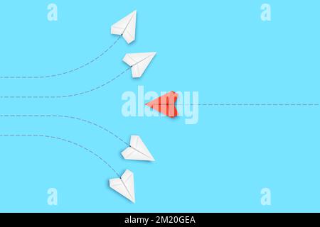 White paper planes flying in one direction. Red plane changing ...