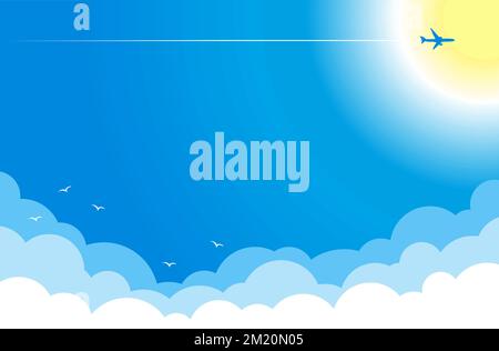Plane in blue sky flies above clouds against  backdrop of sun. Vector background Stock Vector