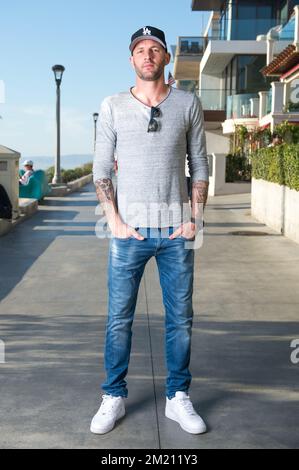 Belgian soccer player Jelle Van Damme of US team LA Galaxy poses for the photographer at Manhattan Beach Pier, Los Angeles, California, USA. BELGA PHOTO BLAINE OHIGASHI Stock Photo