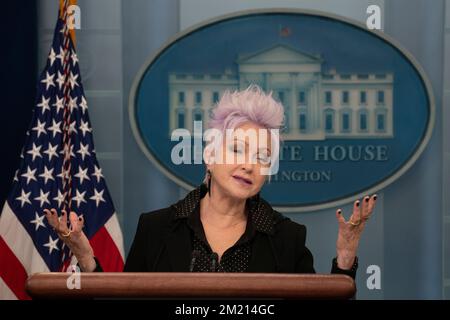 Washington, United States Of America. 13th Dec, 2022. Musician Cyndi Lauper makes a statement in the briefing room at the White House in Washington, DC on Tuesday, December 13, 2022. Credit: Chris Kleponis/Pool/Sipa USA Credit: Sipa USA/Alamy Live News Stock Photo