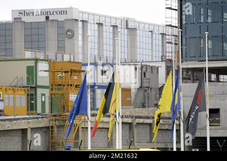 Illustration picture shows the flags half mast at Brussels Airport, in Zaventem, Wednesday 23 March 2016. Yesterday morning two bombs exploded in the departure hall of Brussels Airport and another one in the Maelbeek - Maalbeek subway station, which made around 30 deadly victims and 230 injured people in total. ISIL (Islamic State of Iraq and the Levant - Daesh) claimed responsibility for these attacks. The terrorist threat level has been heightened to four across the country.  Stock Photo
