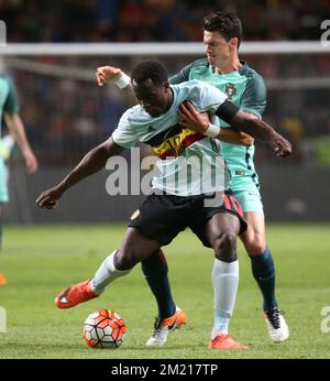 Belgium's Romelu Lukaku and Portugal's Jose Fonte fight for the ball during a soccer game between the Portugal national team and the Belgian Red Devils in Leiria, Portugal, Tuesday 29 March 2016, a preparation for the upcoming Euro2016 tournament. The match was moved due to safety concerns after the Brussels terrorists attacks. BELGA PHOTO VIRGINIE LEFOUR Stock Photo