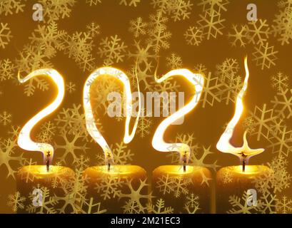 Modified photo of four candles. Flames write numbers 2024, snowflakes Stock Photo