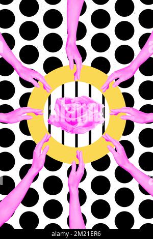Vertical collage image of human pink arms reach touch ring circle rose flower isolated on black white dotted background Stock Photo
