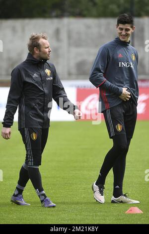 Belgium's Mousa Dembele, Belgium's physical therapist Bernard Vandevelde  and Belgium's Radja Nainggolan pictured during a training session of  Belgian national soccer team Red Devils, on the first day of a three-day  training