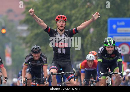 Belgian Zico Waeytens of Team Giant-Alpecin celebrates as he crosses the finish line to win the final stage of the Baloise Belgium Tour cycling race, 174,2km from Tremelo to Tongeren, on Sunday 29 May 2016.  Stock Photo