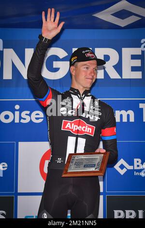 Belgian Zico Waeytens of Team Giant-Alpecin celebrates on the podium after winning the final stage of the Baloise Belgium Tour cycling race, 174,2km from Tremelo to Tongeren, on Sunday 29 May 2016.  Stock Photo