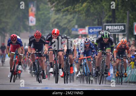 Belgian Zico Waeytens of Team Giant-Alpecin (C) wins before New-Zealand's Daniel McLay of Fortuneo-Vital Concept (R) the sprint at the finish of the final stage of the Baloise Belgium Tour cycling race, 174,2km from Tremelo to Tongeren, on Sunday 29 May 2016.  Stock Photo