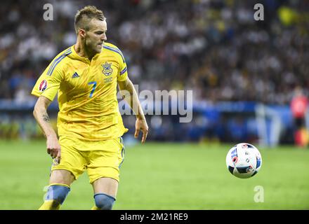 Ukraine's Andriy Yarmolenko controls the ball during a soccer game between Germany and Ukraine, in group C of the group stage of the UEFA Euro 2016 European Championships, Sunday 12 June 2016 in Lille, France. BELGA PHOTO LAURIE DIEFFEMBACQ Stock Photo