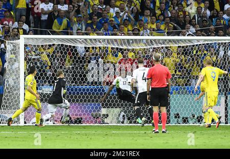Germany's Jerome Boateng stops the ball during a soccer game between Germany and Ukraine, in group C of the group stage of the UEFA Euro 2016 European Championships, Sunday 12 June 2016 in Lille, France. BELGA PHOTO LAURIE DIEFFEMBACQ Stock Photo