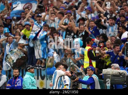 Argentina's Julian Alvarez celebrates scoring their side's third goal of the game with team-mate Lionel Messi during the FIFA World Cup Semi-Final match at the Lusail Stadium in Lusail, Qatar. Picture date: Tuesday December 13, 2022. Stock Photo