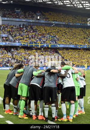 Belgium's players pictured at the start of a soccer game between Belgian national soccer team Red Devils and Sweden, in group E of the group stage of the UEFA Euro 2016 European Championships, on Wednesday 22 June 2016, in Nice, France.  Stock Photo