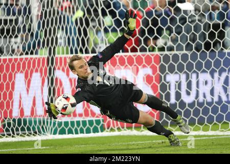 Germany's goalkeeper Manuel Neuer stops the ball during a soccer game between German team and Italian team, in the quarter-finals of the UEFA Euro 2016 European Championships, on Saturday 02 July 2016, in Bordeaux, France.  Stock Photo