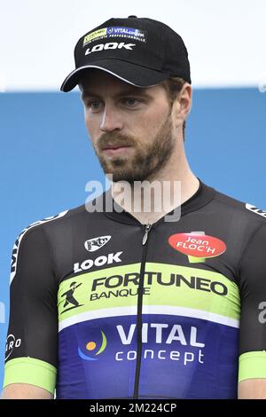 New-Zealand's Daniel McLay of Fortuneo-Vital Concept pictured during a team presentation ahead of the start of the 103rd edition of the Tour de France cycling race, Thursday 30 June 2016 in Sainte-Mere-Eglise, France. This year's Tour de France takes place from July 2nd to July 24rth. BELGA PHOTO YORICK JANSENS Stock Photo