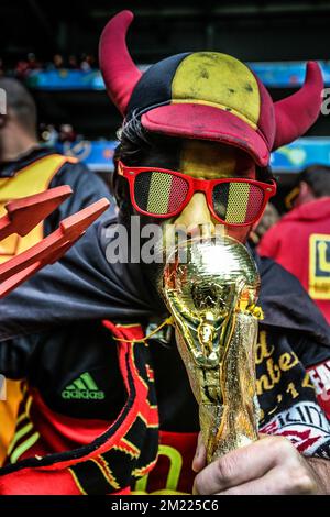 fans, belgium, glasses, sminck, world cup, red devil, supporter during the UEFA EURO 2016 quarter final match between Wales and Belgium on July 2, 2016 at the Stade Pierre Mauroy in Lille, France. Stock Photo