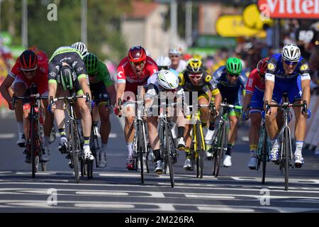 New-Zealand's Daniel McLay of Fortuneo-Vital Concept, Slovakian Peter Sagan of Tinkoff, Norvegian Alexander Kristoff of Team Katusha, British Mark Cavendish of Dimension Data, French Bryan Coquard of Direct Energie and German Marcel Kittel of team Etixx Quick-Step sprint for the finish of the sixth stage of the 103rd edition of the Tour de France cycling race, 190,5 km from Arpajon-sur-Cere to Montauban, on Thursday 07 July 2016, in France. BELGA PHOTO DAVID STOCKMAN Stock Photo