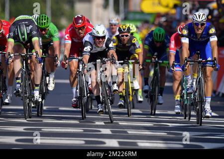 New-Zealand's Daniel McLay of Fortuneo-Vital Concept, Slovakian Peter Sagan of Tinkoff, Norvegian Alexander Kristoff of Team Katusha, British Mark Cavendish of Dimension Data, French Bryan Coquard of Direct Energie and German Marcel Kittel of team Etixx Quick-Step sprint for the finish of the sixth stage of the 103rd edition of the Tour de France cycling race, 190,5 km from Arpajon-sur-Cere to Montauban, on Thursday 07 July 2016, in France. BELGA PHOTO DAVID STOCKMAN Stock Photo