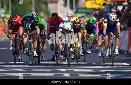 New-Zealand's Daniel McLay of Fortuneo-Vital Concept, Belgian Edward Theuns of Trek-Segafredo, Slovakian Peter Sagan of Tinkoff, Norvegian Alexander Kristoff of Team Katusha, French Bryan Coquard of Direct Energie, Dutch Dylan Groenewegen of Team LottoNL-Jumbo and German Marcel Kittel of team Etixx Quick-Step sprint for the finish of the sixth stage of the 103rd edition of the Tour de France cycling race, 190,5 km from Arpajon-sur-Cere to Montauban, on Thursday 07 July 2016, in France. Stock Photo