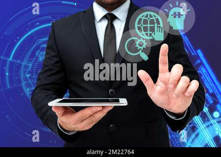 Man In Office Uniform Standing Pressing Virtual Button With Finger Holding Tablet. Gentleman In Business Attire Carrying Tab Pointing Technology. Stock Photo