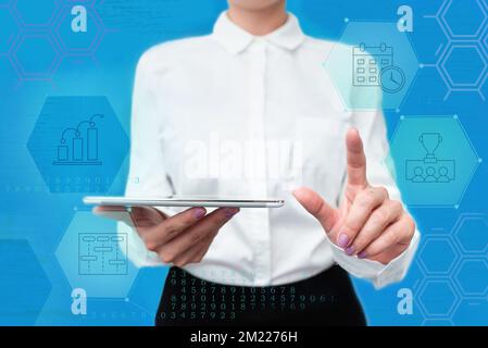 Lady In Uniform Standing Holding Tablet In Hand Pressing Virtual Globe Button. Bussiness Woman Carrying Tab Poining For New Futuristic Technologies. Stock Photo