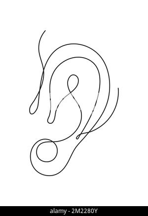 Five human senses in continuous line style. Ear line art icon in hand drawn style, linear Stock Vector