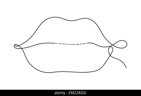 Five human senses in continuous line style. Mouth, lips outline, linear Stock Vector