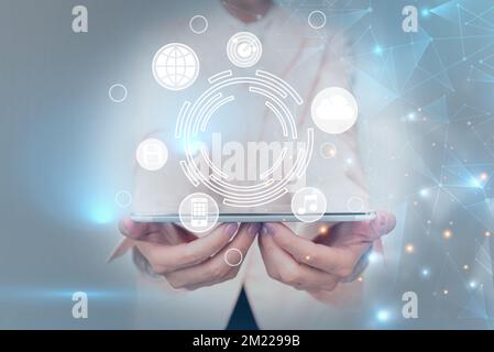 Business Woman Touching Futuristic Virtual Display Technology, Lady In Uniform Using Mobile Device Pressing Advanced Holographic Interface. Stock Photo