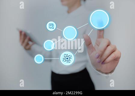 Lady In Uniform Side Standing Holding Tablet And Pressing On Virtual Button. Business Woman Carrying Pad Tapping Switch Showing Technologies. Stock Photo