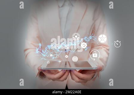 Lady In Suit Holding Phone Performing Holographic Image Presentation. Business Woman Touching Advance Hologram Interface Technology Innovations. Stock Photo