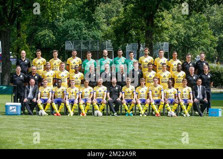 (back row) STVV's doctor Steven Bex, Stef Peeters, Wolke Janssens, Pierrick Valvidia, goalkeeper William Dutoit, Yves De Winter, Lucas Pirard, Yanno Vanwelkenhuysen, Nick Proschwitz, Sacha Kotysch, Damien Dussaut, STVV's physiotherapist Arnold Wilmots, STVV's physiotherapist Yannick Strauven, (middle row) STVV's warehouseman Benny Liebens, STVV's warehouseman Valere Stevens, Jorge Pulido, Steve Ryckaert, Mamadou Bagayoko, STVV's assistant coach Patrick Van Kets, STVV's physical coach Eddie Rob, STVV's Goalkeeper Coach Jos Beckx, STVV's analyst Will Still, Ruben Fernandes, Iebe Swers, Yohan Bol Stock Photo