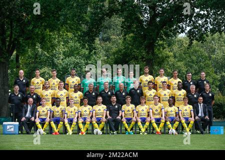 (back row) STVV's doctor Steven Bex, Stef Peeters, Wolke Janssens, Pierrick Valvidia, goalkeeper William Dutoit, Yves De Winter, Lucas Pirard, Yanno Vanwelkenhuysen, Nick Proschwitz, Sacha Kotysch, Damien Dussaut, STVV's physiotherapist Arnold Wilmots, STVV's physiotherapist Yannick Strauven, (middle row) STVV's warehouseman Benny Liebens, STVV's warehouseman Valere Stevens, Jorge Pulido, Steve Ryckaert, Mamadou Bagayoko, STVV's assistant coach Patrick Van Kets, STVV's physical coach Eddie Rob, STVV's Goalkeeper Coach Jos Beckx, STVV's analyst Will Still, Ruben Fernandes, Iebe Swers, Yohan Bol Stock Photo