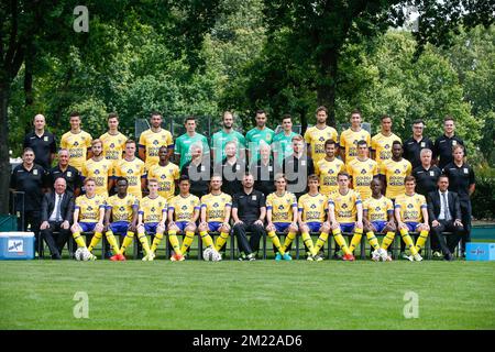 (back row) STVV's doctor Steven Bex, Stef Peeters, Wolke Janssens, Pierrick Valvidia, goalkeeper William Dutoit, Yves De Winter, Lucas Pirard, Yanno Vanwelkenhuysen, Nick Proschwitz, Sacha Kotysch, Damien Dussaut, STVV's physiotherapist Arnold Wilmots, STVV's physiotherapist Yannick Strauven, (middle row) STVV's warehouseman Benny Liebens, STVV's warehouseman Valere Stevens, Jorge Pulido, Steve Ryckaert, Mamadou Bagayoko, STVV's assistant coach Patrick Van Kets, STVV's physical coach Eddie Rob, STVV's Goalkeeper Coach Jos Beckx, STVV's analyst Will Still, Ruben Fernandes, Iebe Swers, Yohan Bol Stock Photo