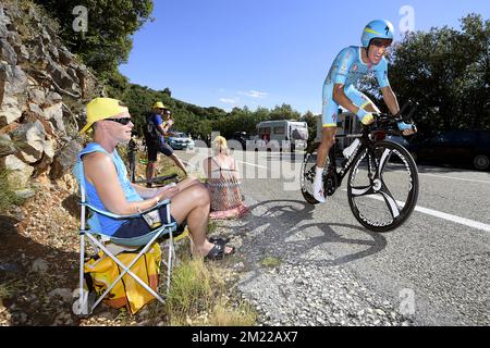 Italian Fabio Aru of Astana Pro Team pictured in action during the thirteenth stage of the 103rd edition of the Tour de France cycling race, a 37,5km individual time trial from Bourg-Saint-Andeol to La Caverne du Pont-d'Arc, France, on Friday 15 July 2016. This year's Tour de France takes place from July 2nd to July 24th.  Stock Photo