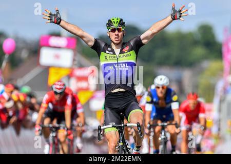 Belgian Boris Vallee of Fortuneo-Vital Concept celebrates after winning the second stage of the Tour De Wallonie cycling race, 182,7 km from Saint-Ghislain to Le Roeulx, on Sunday 24 July 2016. Stock Photo